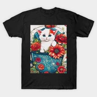 Cat Among Flowers And  Butterflies T-Shirt